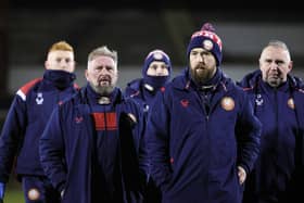 Portadown manager Niall Currie and his coaching staff. PIC: David Maginnis/Pacemaker Press