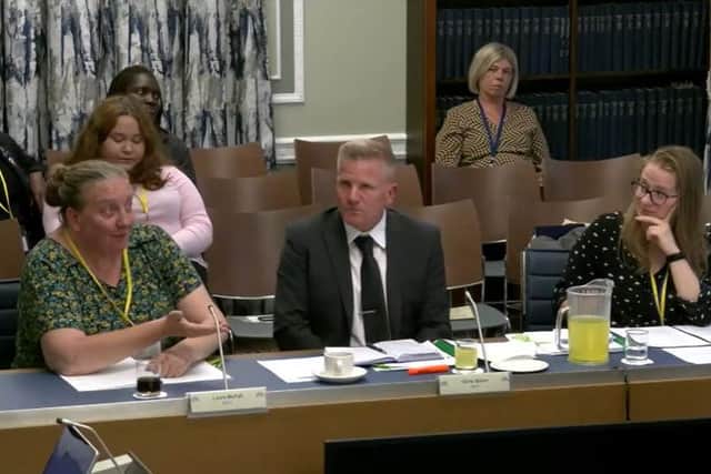 Children's Commissioner Chris Quinn (centre) and colleagues from NICCY giving evidence at Stormont on school uniform legislation. Laura McFall (left) compared boys in skirts to men wearing kilts in Scotland – arguing that it’s “quite a normal thing”.