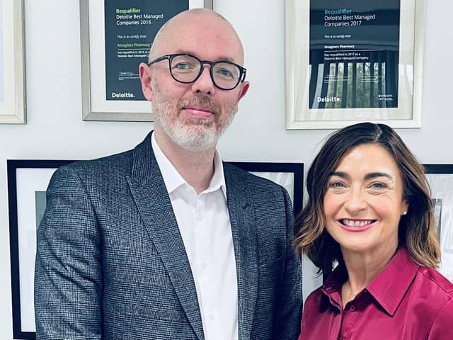 Darren Hardiman, who has been appointed managing director of Meaghers Pharmacy, with founder Oonagh O'Hagan, who has taken on the role of chief executive officer