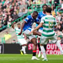 Rangers' Olwethu Makhanya (left) scores against Celtic on Sunday before the goal is ruled out for handball. (Photo by Andrew Milligan/PA Wire)