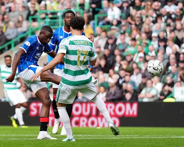 Rangers' Olwethu Makhanya (left) scores against Celtic on Sunday before the goal is ruled out for handball. (Photo by Andrew Milligan/PA Wire)