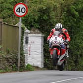 Michael Dunlop at Ballacrye jump on his way to victory in the 2013 Superbike TT on the Honda Legends Fireblade