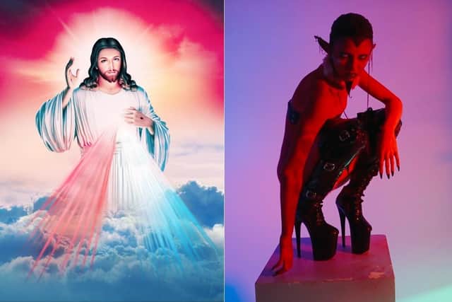 A post on Twitter showing an image of Jesus Christ bathed in the colours of the transgender flag; right, Bambie Thug in devil garb