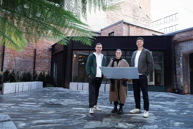 Owners of Nine Squared Belfast Sean McDonnell and Neil Cole are joined by architectural designer, Aoife Mulvenna of Fada Studio, at the announcement that the local independent coffee house is set to create 10 new jobs in Belfast when it opens its second location in early 2025 following an initial investment of £300,000