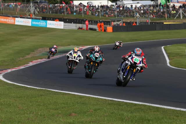 Glenn Irwin (Honda Racing) leads Peter Hickman (FHO Racing BMW) and Andrew Irwin (SYNETIQ BMW) at Brands Hatch. Picture: David Yeomans Photography