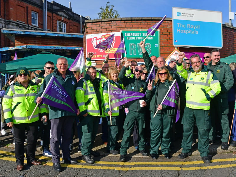 Ambulance workers joined in solidarity with workers from Yorkshire, Scotland London, The North East and North west  as Thousands of health and social care workers in Northern Ireland have begun a 48-hour strike as part of a pay dispute.