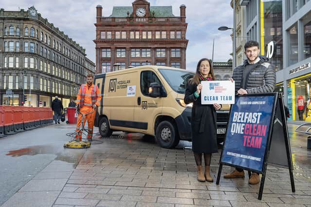 Wrapping up the Clean for Christmas campaign in Belfast City Centre were clean team member Eoin Bigley, Eimear McCracken, operations manager Belfast One and Paul McReynolds, operations manager McQuillan Companies