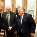 Omagh bomb campaigners Stanley McCombe (right) and Michael Gallagher (centre) meeting with Tanaiste Micheal Martin at Iveagh House, Dublin