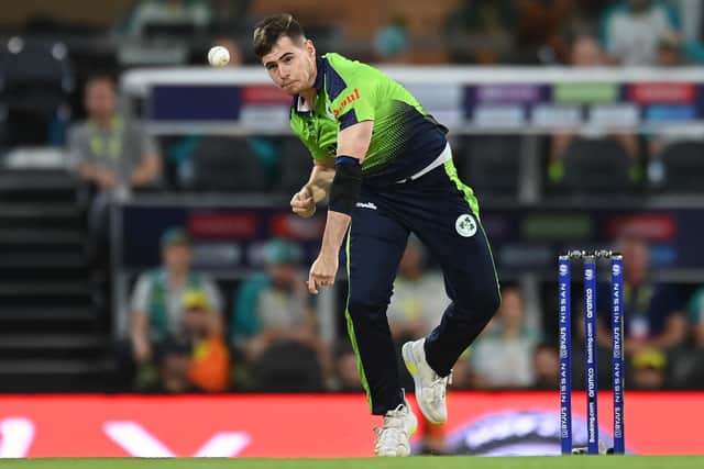 Josh Little of Ireland bowls during the ICC Men's T20 World Cup match between Australia and Ireland at The Gabba on October 31, 2022 in Brisbane, Australia. (Photo by Albert Perez/Getty Images)