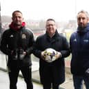 Pictured at the launch of the Bring Your Boots campaign are Johnny Tuffey (Crusaders FC), Gerard Lawlor (NI Football League), Justin McMinn (Street Soccer NI) and Stephen Mallon (Cliftonville FC)
