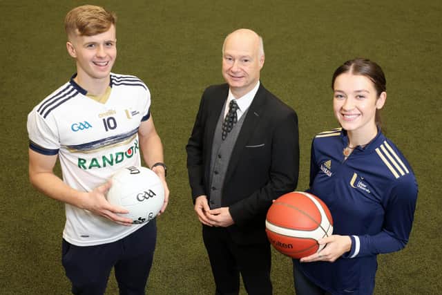 Business Studies student and Gaelic footballer Karl Gallagher is pictured alongside Ulster University’s Vice Chancellor Professor Paul Bartholomew and Podiatry student and basketballer Ciara White at the Jordanstown Sports Village