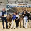 Interbreed Champion went to Damm Renegade Sallie, pictured with the Champion Jersey & Ayrshire, with Ashley Fleming, NI Sales Manager AHV, Laura Cornthwaite & Jason Helen, judges and John Mclean, Blondin Sires. (Pic supplied by NIHYB)