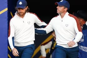 Team Europe's Rory McIlroy (right) and Tommy Fleetwood during the foursomes on day two of the 44th Ryder Cup at the Marco Simone Golf and Country Club in Rome. (Photo by Zac Goodwin/PA Wire)