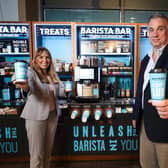 Keavy O’Mahony-Truesdale, brand manager at Barista Bar is pictured with Mark Stewart-Maunder, commercial and development director at Henderson Foodservice, which owns the brand in Northern Ireland. Barista Bar is expanding into Scotland, where it will be available in 104 SPAR stores operated by CJ Lang & Son, plus a host of independent SPAR retailers in the region