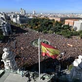 Tens of thousands of people demonstrate during a protest called by Foro Libertad y Alternativa (Freedom & Alternative forum) against an amnesty bill for people involved with Catalonia's failed 2017 independence bid, in Madrid on November 18, 2023. Spain's Socialist leader Pedro Sanchez was sworn yesterday as prime minister for another term with the right vowing to keep up its protests against his decision to grant Catalan separatists an amnesty. (Photo by JAVIER SORIANO / AFP) (Photo by JAVIER SORIANO/AFP via Getty Images)