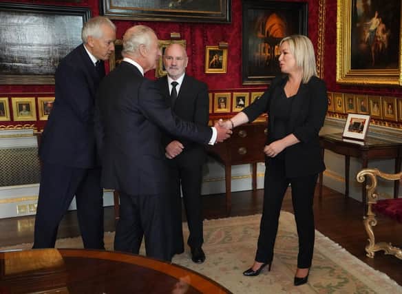 King Charles III meeting with Sinn Fein vice president Michelle O'Neill at Hillsborough Castle, Co Down, in September 2022, at the time of the death of Queen Elizabeth II. Ms O'Neill expressed her sympathies over the death of the Queen as Stormont party representatives met the new monarch at Hillsborough Castle