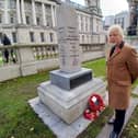 Albert Kirk, a cameraman, at the Korean War memorial in the Garden of Remembrance in Belfast City Hall on Remembrance Day after the 11 two-minute silence. Pic by Ben Lowry November 11 2024