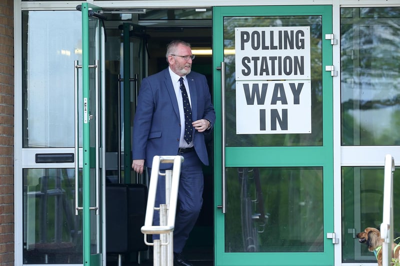 18th April 2023Voting begins in Northern Ireland for local council elections.  UUP leader Doug Beattie arrives at the polling station at Seago Primary School in Co. Armagh. Picture by Jonathan Porter/PressEye