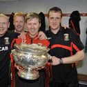 Scott Young (second from right) with Pete Batey (right), Tim McCann (left) and Davy McClelland after Glentoran won the League Cup in March 2010. (Photo by Russell Pritchard/Presseye)