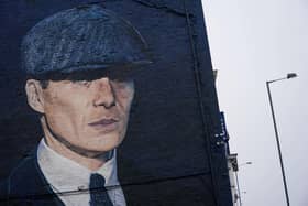 A mural by artist Akse P19, of actor Cillian Murphy, as Peaky Blinders crime boss Tommy Shelby, in the historic Deritend area of Birmingham