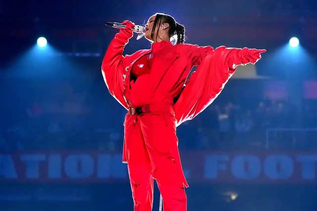 Rihanna performs during Apple Music Super Bowl LVII Halftime Show at State Farm Stadium on February 12, 2023 in Glendale, Arizona. (Photo by Kevin Mazur/Getty Images for Roc Nation)