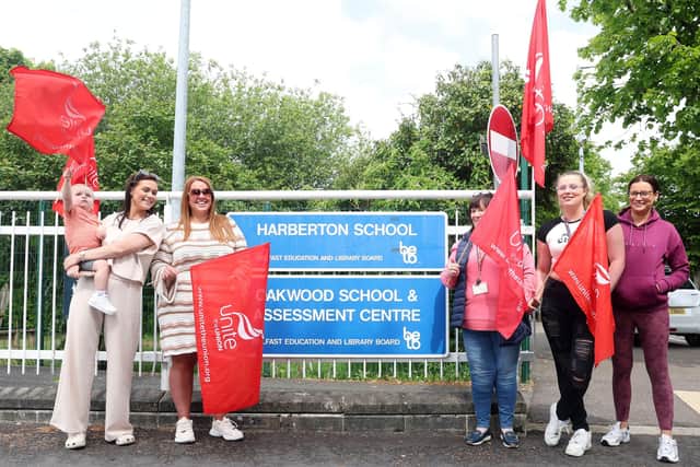 Non teaching education staff on strike outside Harberton School in south Belfast. Photo by Jonathan Porter/Press Eye