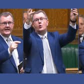 An animated Jeffrey Donaldson addresses fellow MPs in the House of Commons