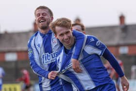 Coleraine's Adam Brooks (right) celebrates scoring his first goal for the club. (Photo by Desmond Loughery/Pacemaker Press)