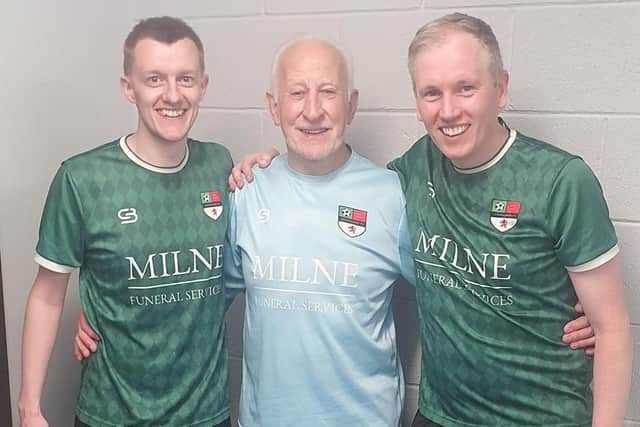 Terry Nicholson alongside Donacloney Reserves manager Matthew Holmes and assistant manager Ryan Graham. PIC: Donacloney FC