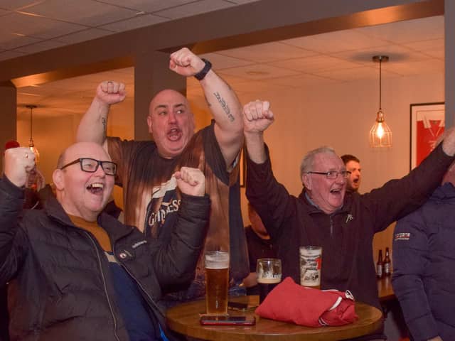 Pacemaker Press 13/04/23 
Larne Fans watched Glentoran score a late goal to secure a 1-1 draw against Linfield. Larne now need a result against Crusaders on Friday night to clinch the Gibson Cup. Pic Pacemaker