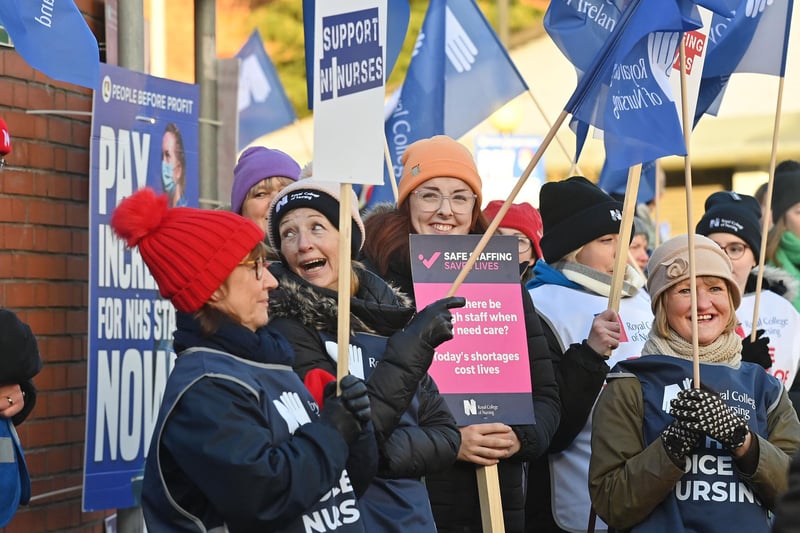 Nurses on the picket line at the RVH in Belfast on Thursday