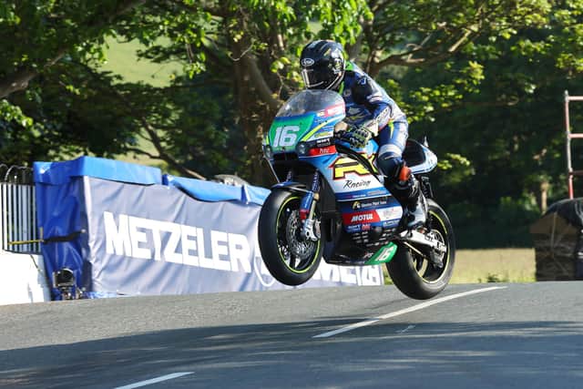 Cork's Mike Browne on the Burrows Engineering/RK Racing Paton at Ballaugh Bridge in the first Supertwin race