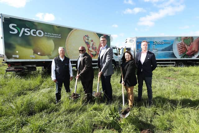 Pictured at the site of the new Sysco Belfast distribution facility at Nutts Corner are Paulo Peereboom, EVP foodservice operations, Sysco International, Ron Phillips, chief human resources officer, Sysco, Kevin Hourican, president and chief executive officer, Sysco, Judy Sansone, chief commercial officer, Sysco and Mark Lee, CEO, Sysco Ireland