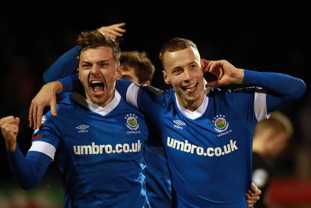 Eetu Vertainen (right) helped Linfield home against Glentoran across the BetMcLean Cup semi-final by scoring in the 3-0 derby success
