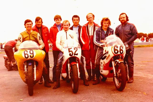 Muckamore motorcycle racer Gerry Barron (far left, No.69) pictured with his racing friends during happy times back in the day.