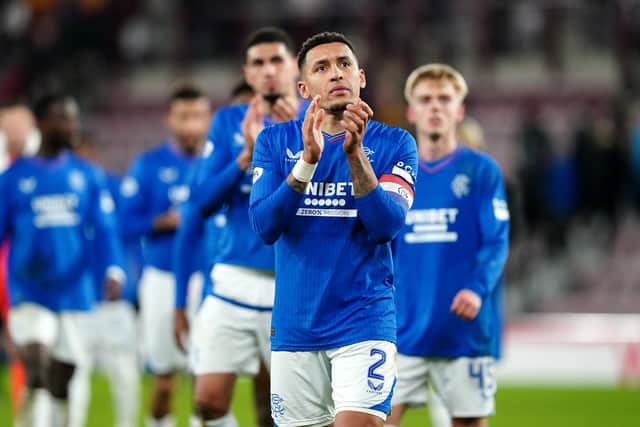 Rangers' James Tavernier (centre) applauds the fans following victory in the cinch Premiership match against Hearts at Tynecastle