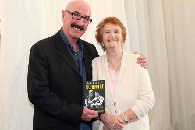 PACEMAKER, BELFAST, 9/5/2016: Liam Beckett is joined at the launch of his book 'Full Throttle' at the North West 200 in 2016 by May Dunlop, the mother of Joey and Robert Dunlop.
PICTURE BY STEPHEN DAVISON:-
