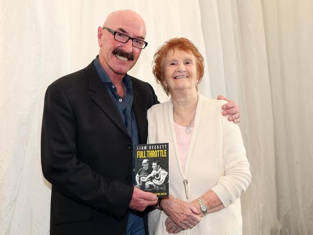 PACEMAKER, BELFAST, 9/5/2016: Liam Beckett is joined at the launch of his book 'Full Throttle' at the North West 200 in 2016 by May Dunlop, the mother of Joey and Robert Dunlop.
PICTURE BY STEPHEN DAVISON:-