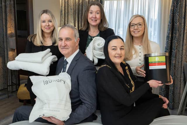 Front Row (L-R) Kevin O’Neill (King Koil) and Vicky Green (NIHF President). Back Row (L-R) Katie McLean (Linencare), Lorraine Goodman (Bunzl Rafferty Guest Amenities) and Suzi McIlhatton (Tourism Northern Ireland).
