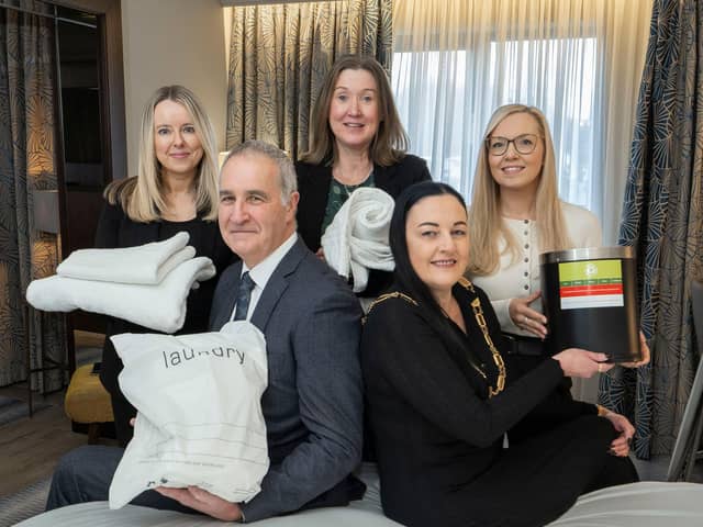 Front Row (L-R) Kevin O’Neill (King Koil) and Vicky Green (NIHF President). Back Row (L-R) Katie McLean (Linencare), Lorraine Goodman (Bunzl Rafferty Guest Amenities) and Suzi McIlhatton (Tourism Northern Ireland).