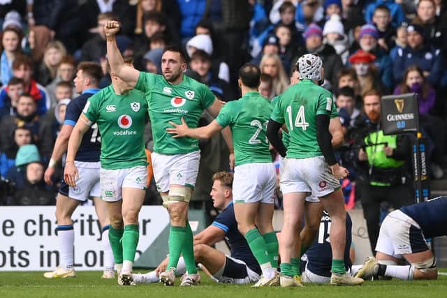 Ireland's Jack Conan celebrates scoring his team's third try against Scotland with his teammates at Murrayfield on Sunday.