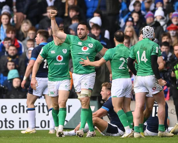 Ireland's Jack Conan celebrates scoring his team's third try against Scotland with his teammates at Murrayfield on Sunday.