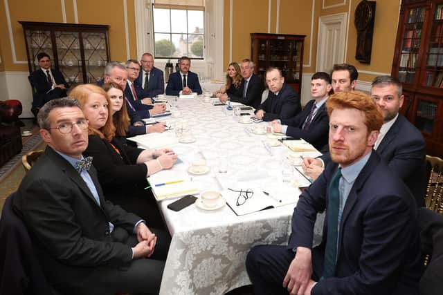 27th April 2023Secretary of State for Northern Ireland Chris Heaton-Harris meets with the five main Northern Ireland parties at Hillsborough Castle, Co. Down, to discuss the new budget. Picture by Jonathan Porter/PressEye