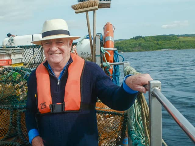 Rick Stein in lifejacket on fishing boat