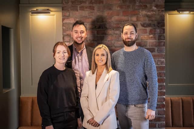 British Business Bank director, nations and regions investment funds, Mark Sterritt with Whiterock investment director Una Warnock, pictured with The Bucks Head owners Alex Greene and Bronagh McCormick