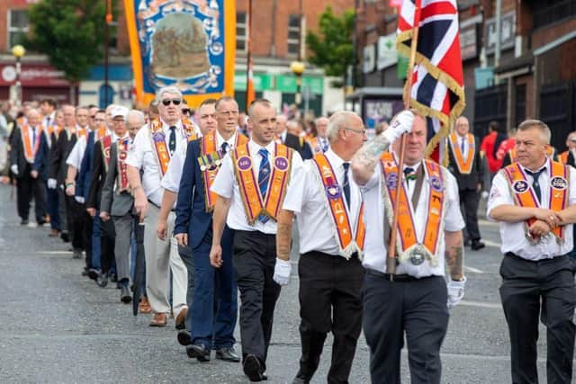 Orange brethren in Belfast city centre during the 12th July Orange demonstrations