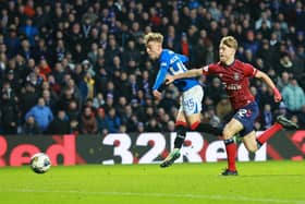Rangers' Northern Ireland-born Ross McCausland scores the first goal in cinch Premiership success over Kilmarnock at Ibrox. (Photo by Steve Welsh/PA Wire)