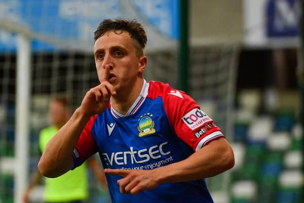 Joel Cooper following his memorable goal for Linfield on Tuesday against Glenavon at Windsor Park. (Photo by Andrew McCarroll/Pacemaker)