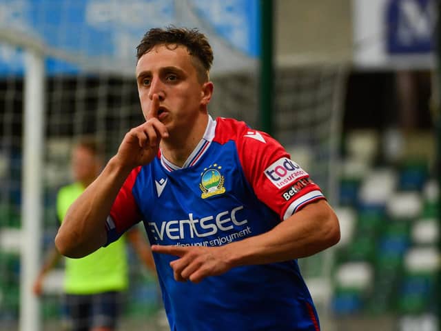 Joel Cooper following his memorable goal for Linfield on Tuesday against Glenavon at Windsor Park. (Photo by Andrew McCarroll/Pacemaker)