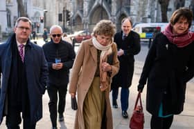 (left to right) DUP leader Sir Jeffrey Donaldson, Baroness Kate Hoey, and former first minister Dame Arlene Foster outside the UK Supreme Court in London, where judges are delivering a ruling on the lawfulness of the Northern Ireland Protocol. The legality of the contentious trading arrangements has been challenged by a collective of unionists and Brexiteers. The protocol, which is a key aspect of the Brexit Withdrawal Agreement, was jointly designed by London and Brussels to keep Ireland's land border free flowing following the UK's departure from the EU. Picture date: Wednesday February 8, 2023. PA Photo. Arguments were considered by the UK's highest court at a two-day hearing last year after the Court of Appeal upheld a ruling in Belfast High Court dismissing the legal challenge. See PA story COURTS Brexit. Photo credit should read: Aaron Chown/PA Wire 		